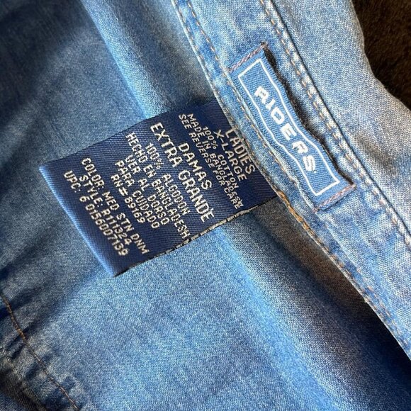 Vintage Women's XL Rider Denim Short Sleeve Shirt Workday Wear Cottage Casual - Picture 3 of 8